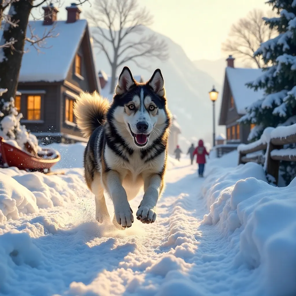 Energetic Dog Racing Through a Snowy Winter Village