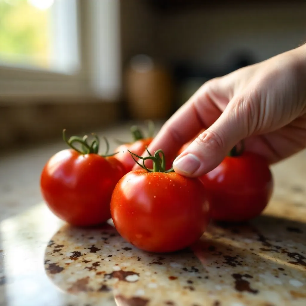 Hand Touching Fresh Red Tomatoes on a Speckled Counter