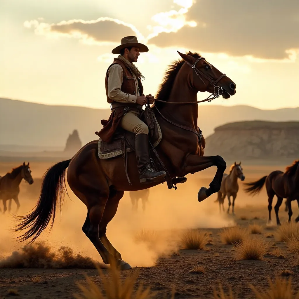 Cowboy Rides a Rearing Horse Over Kayseri Plateau