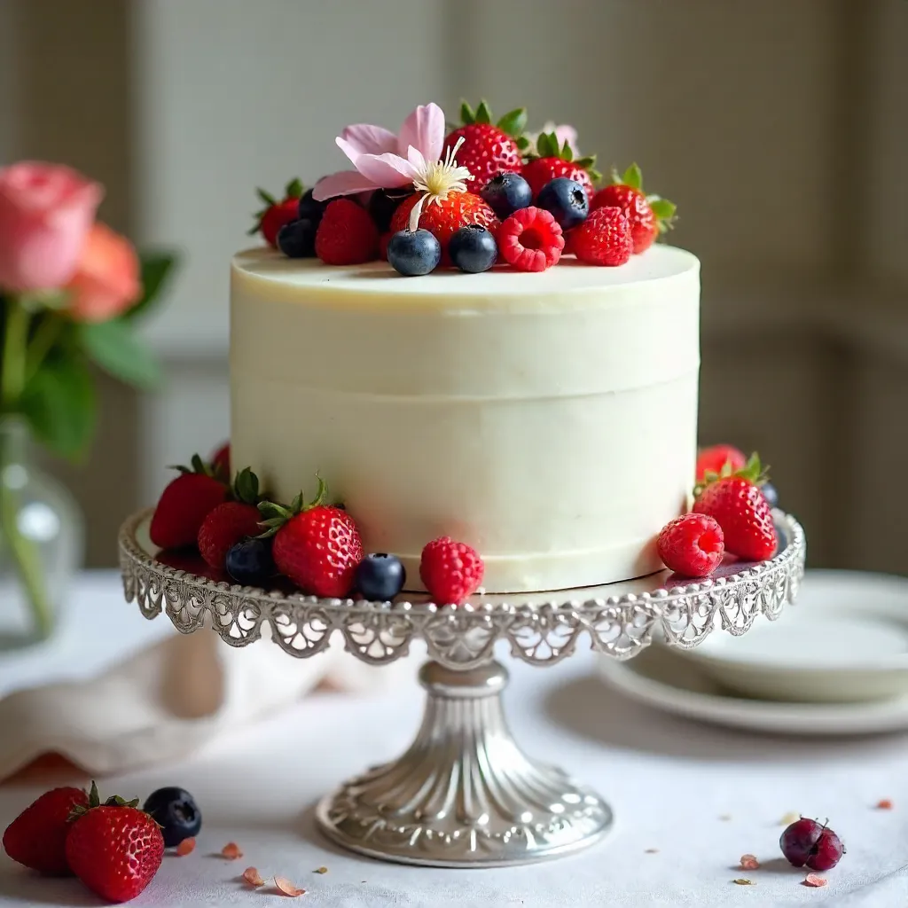 Elegant White Cake on a Decorative Stand with Berries
