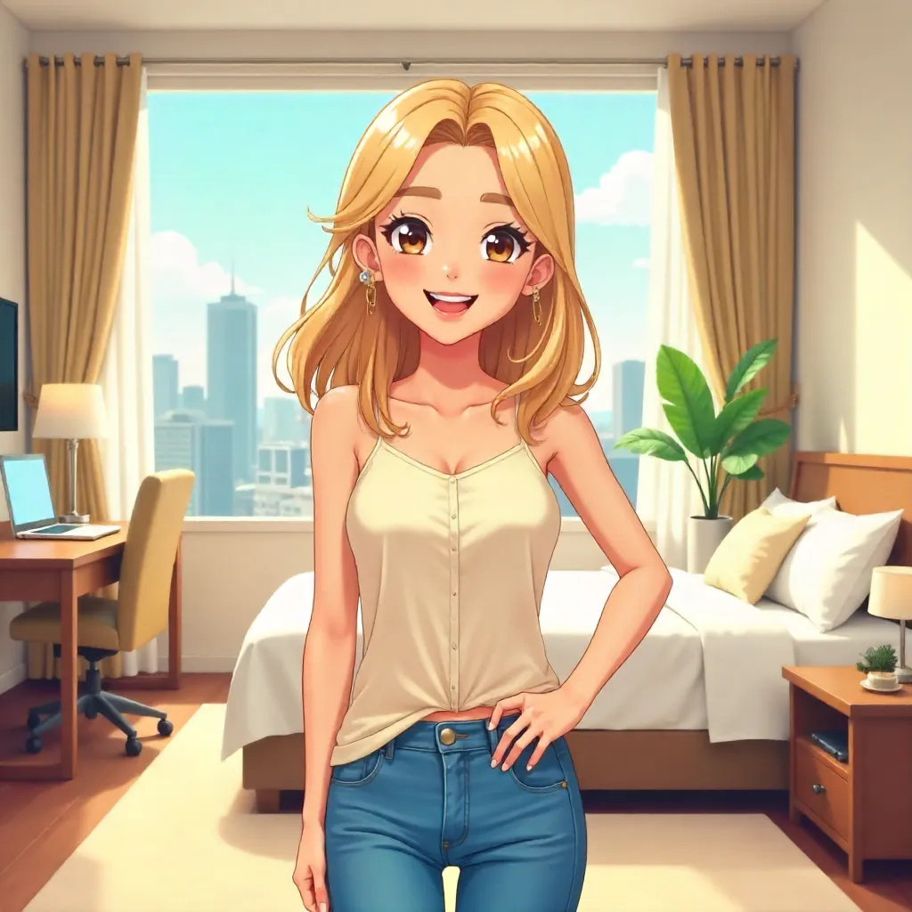 Cheerful Caucasian Woman in a Sunny Hotel Room (Anime)