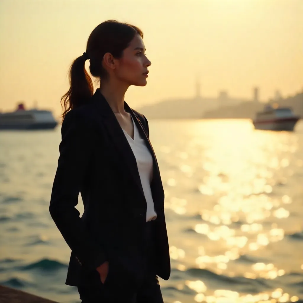 Thoughtful Woman at the Waterfront in a Black Blazer