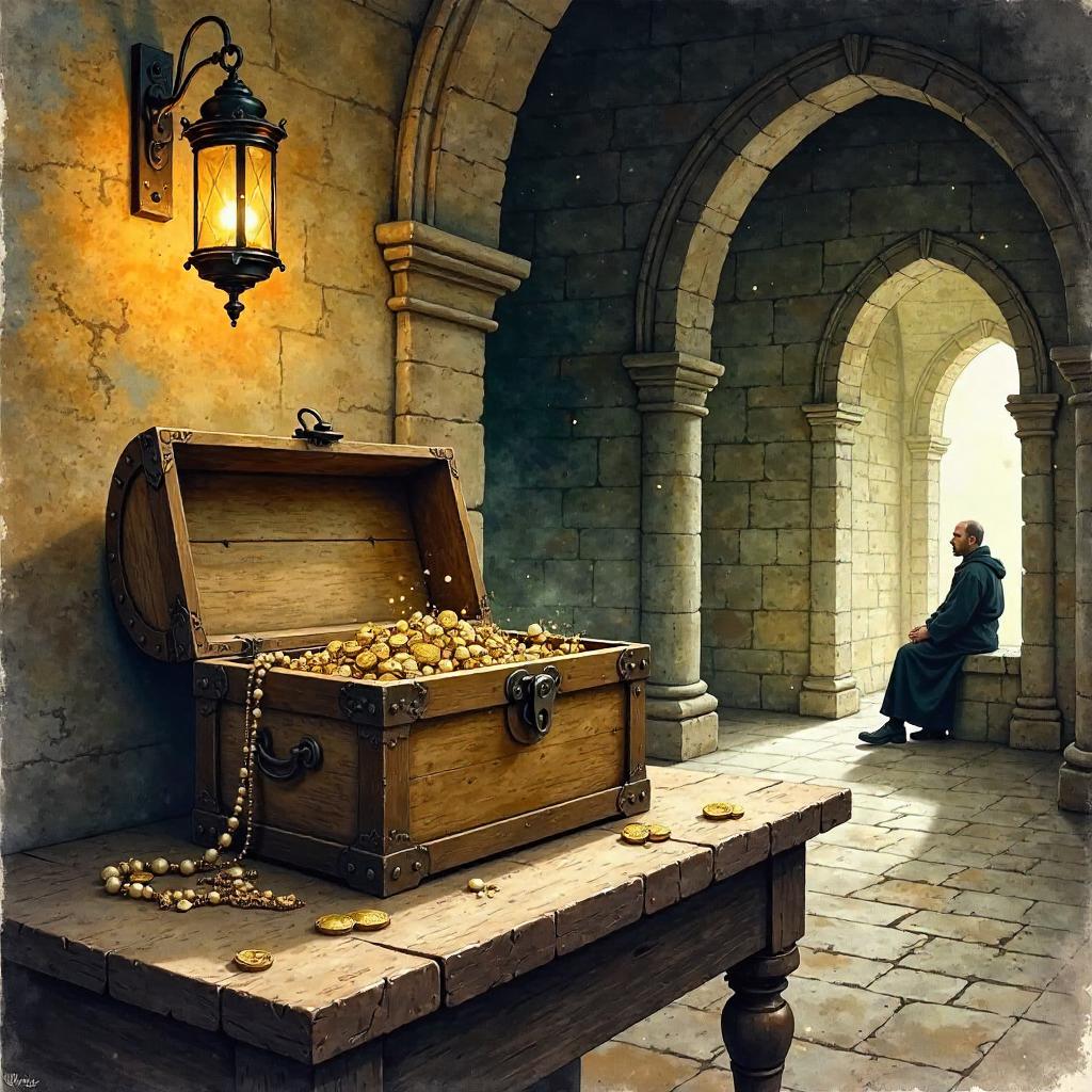 Watercolor Treasure Chest in a Monastic Cloister