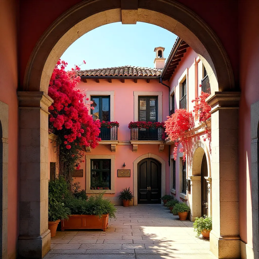 Archway View of Pink Building and Bougainvillea