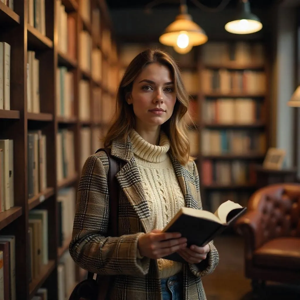 Photorealistic Woman in a Cozy Bookstore