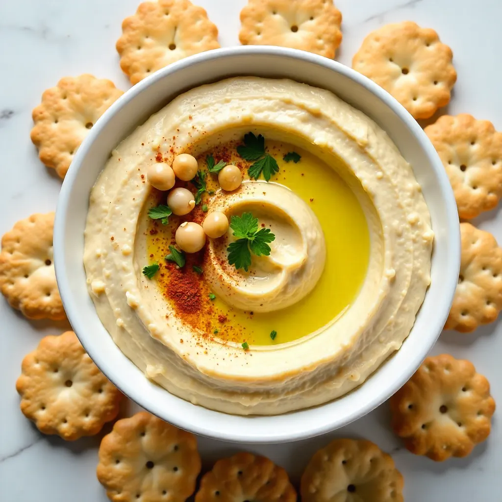 Flat Lay Hummus with Chickpeas and Crackers