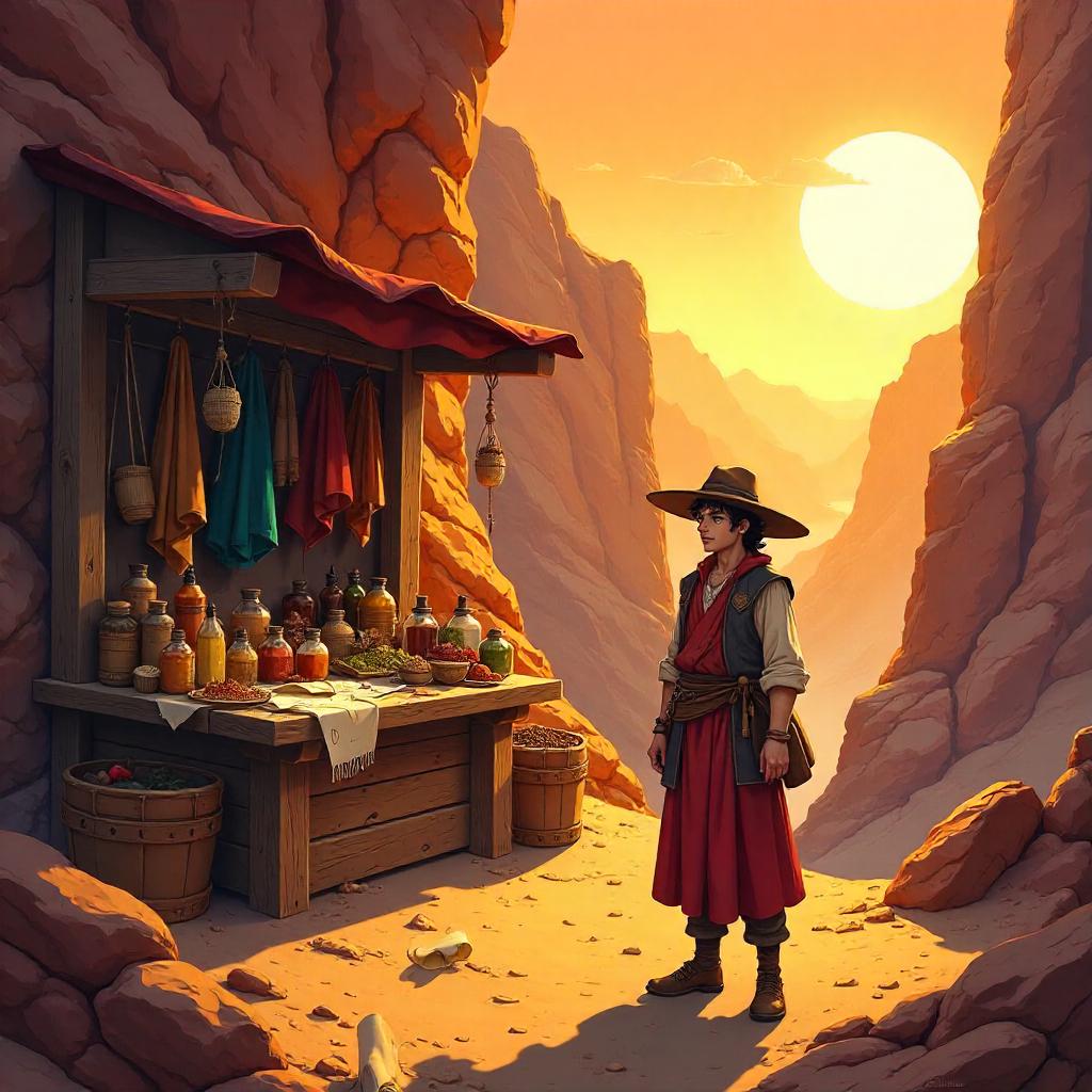 Anime Merchant in a Canyon Bazaar