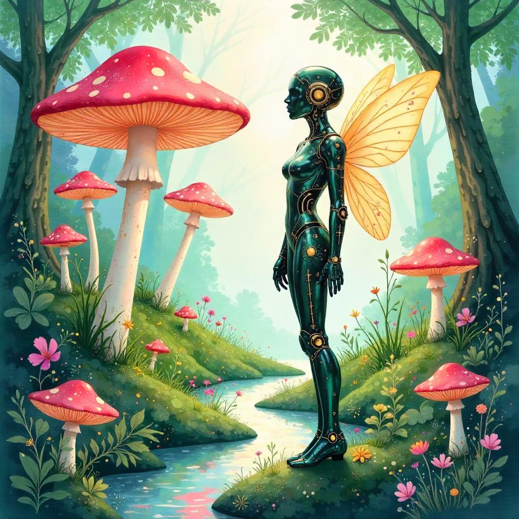 Watercolor Cyborg in a Fairy Wonderland