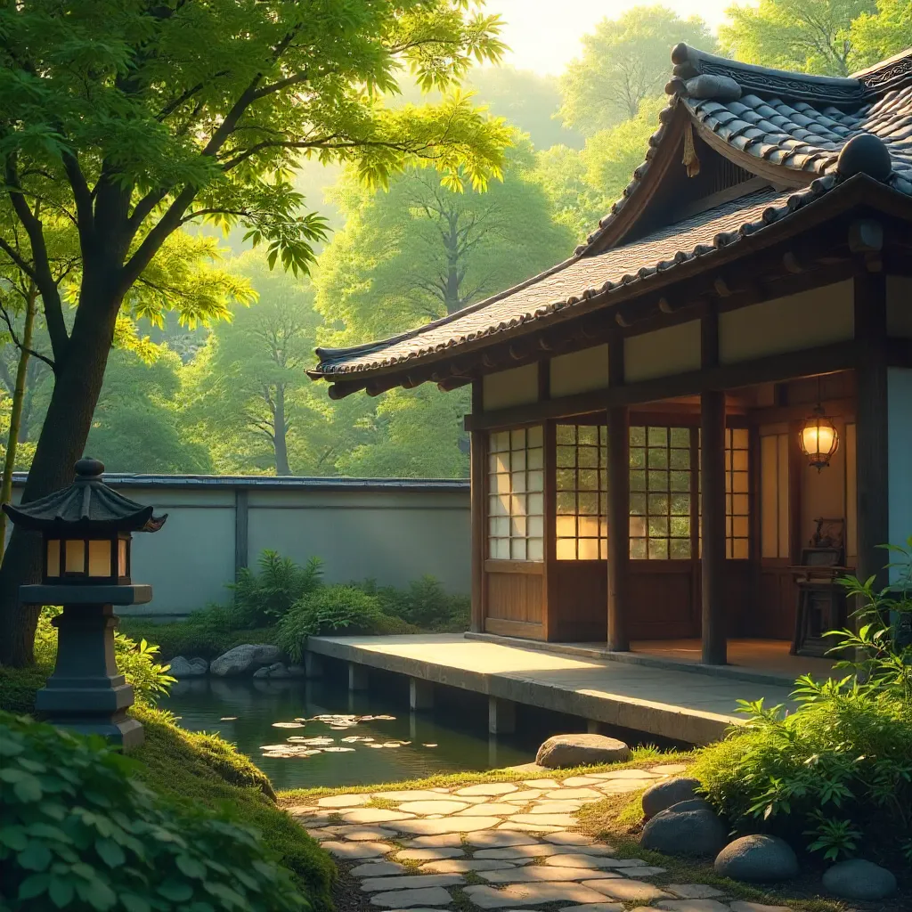 Sunlit Japanese Building Among Whispering Trees