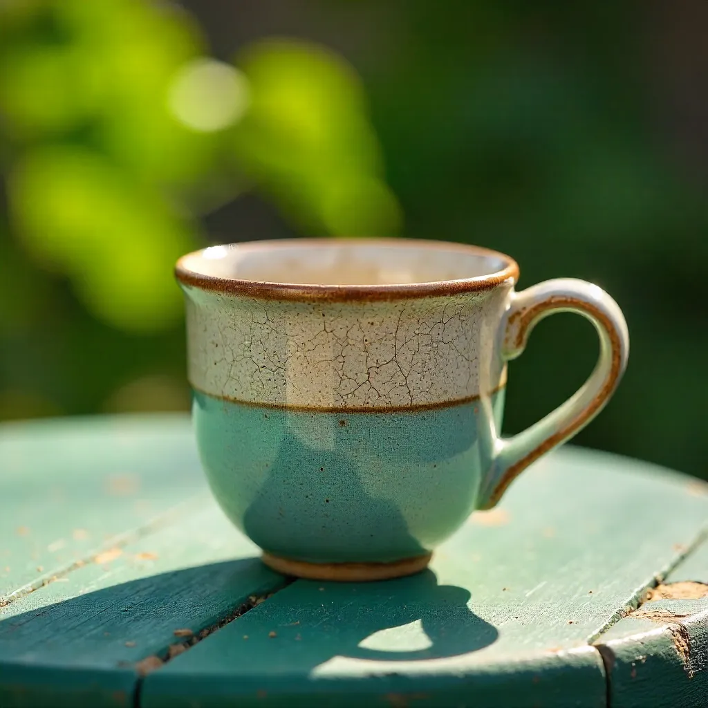 Close-up Textured Ceramic Cup on Green Rustic Table