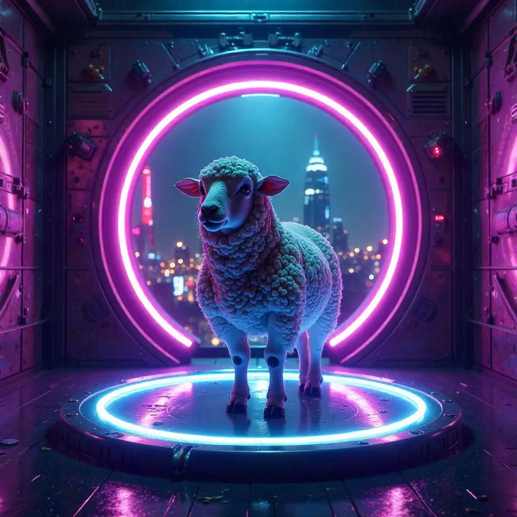 Neon Portal Sheep: A Cyberpunk Chamber Scene