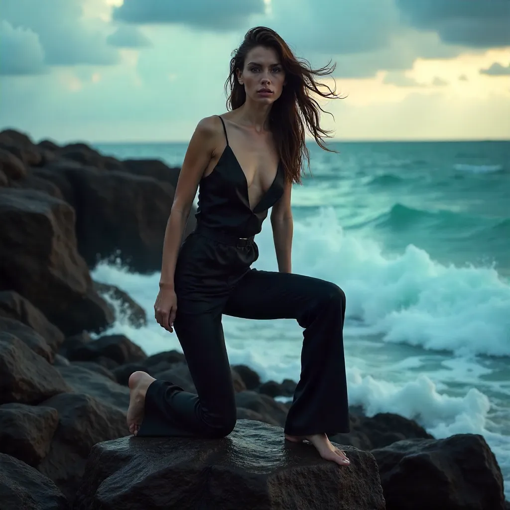 Graceful Black-Clad Figure on Ocean Rocks