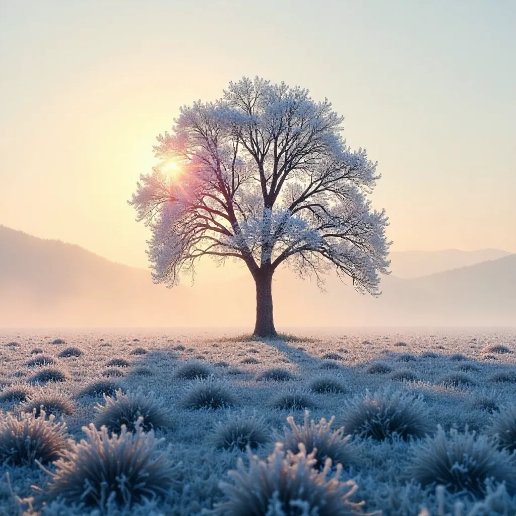 Solitary Tree in Frosty Dawn Mist