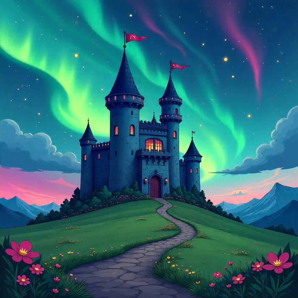 Aurora Fields Fortress in Cartoon Nightscape
