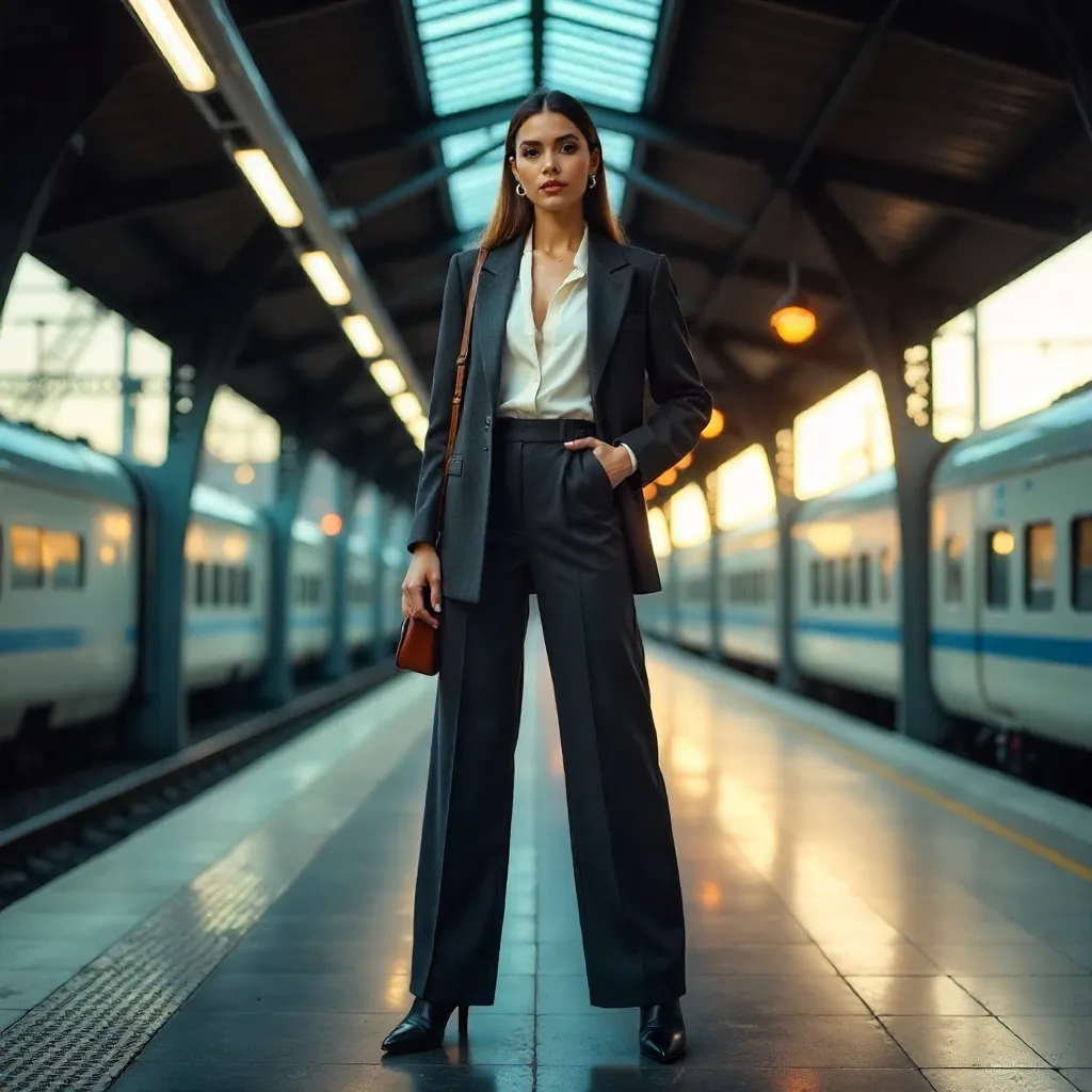 Confident Woman at a Modern Train Station