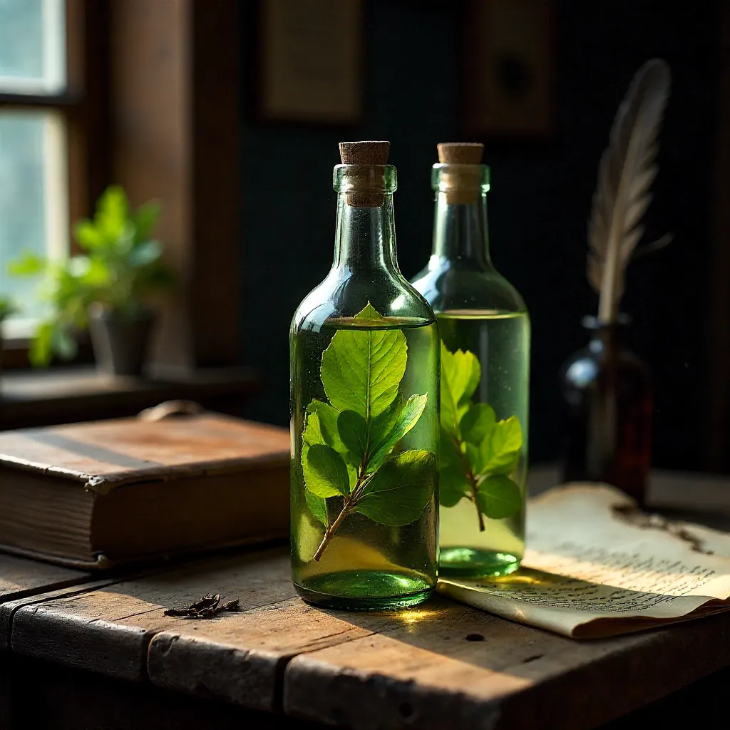 Dark Academia Bottles on Rustic Wood