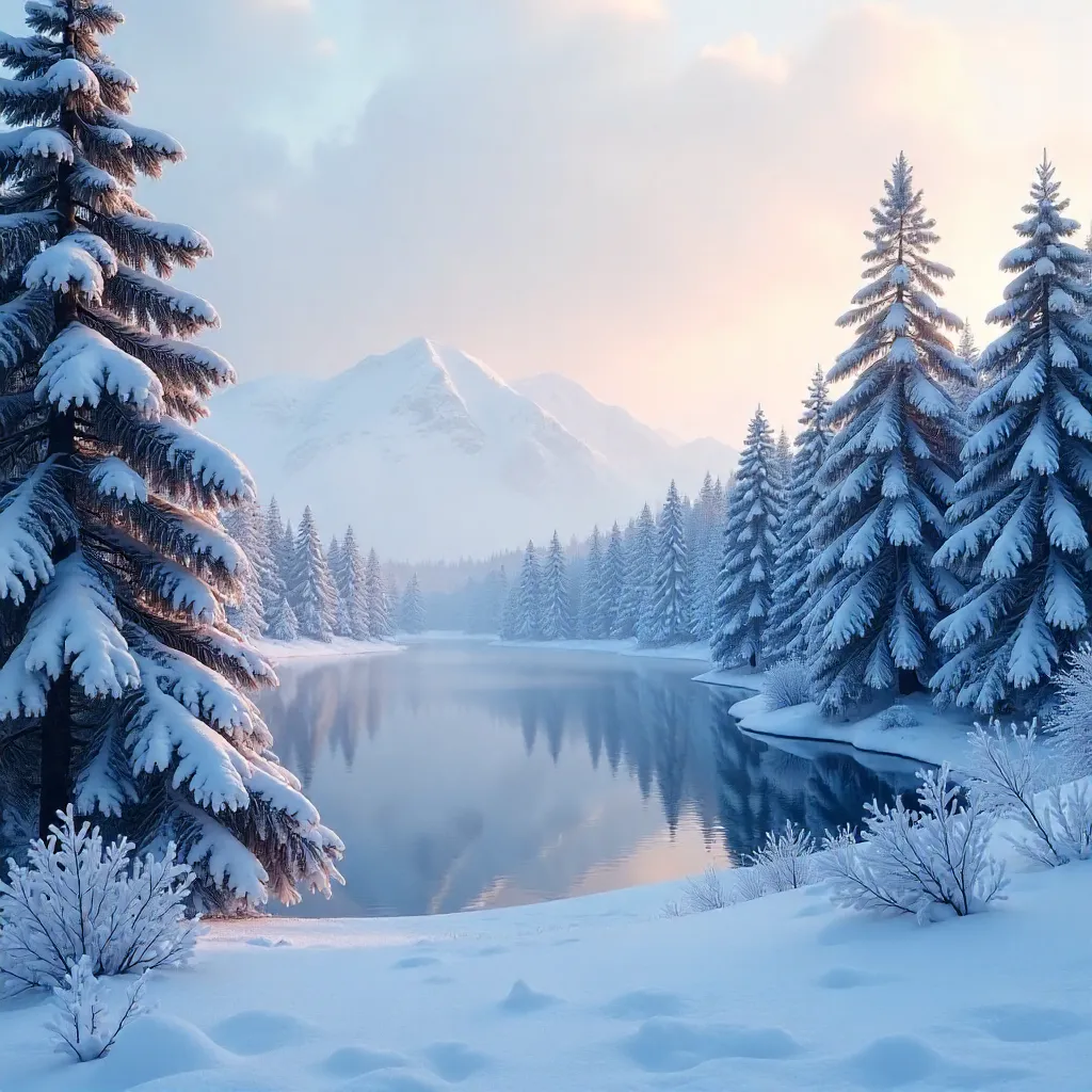 Peaceful Snowy Pines and Lake in the US