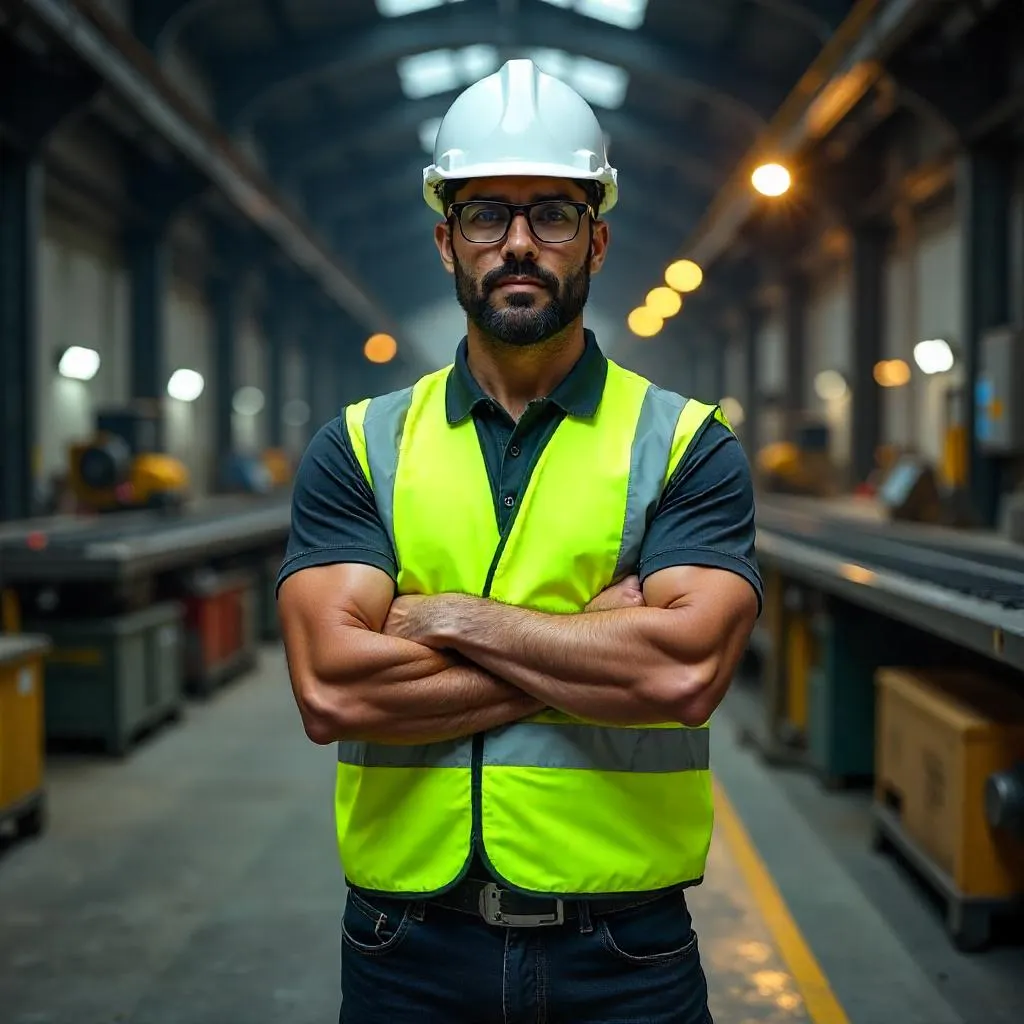 Confident Latino Man on a Photorealistic Factory Floor