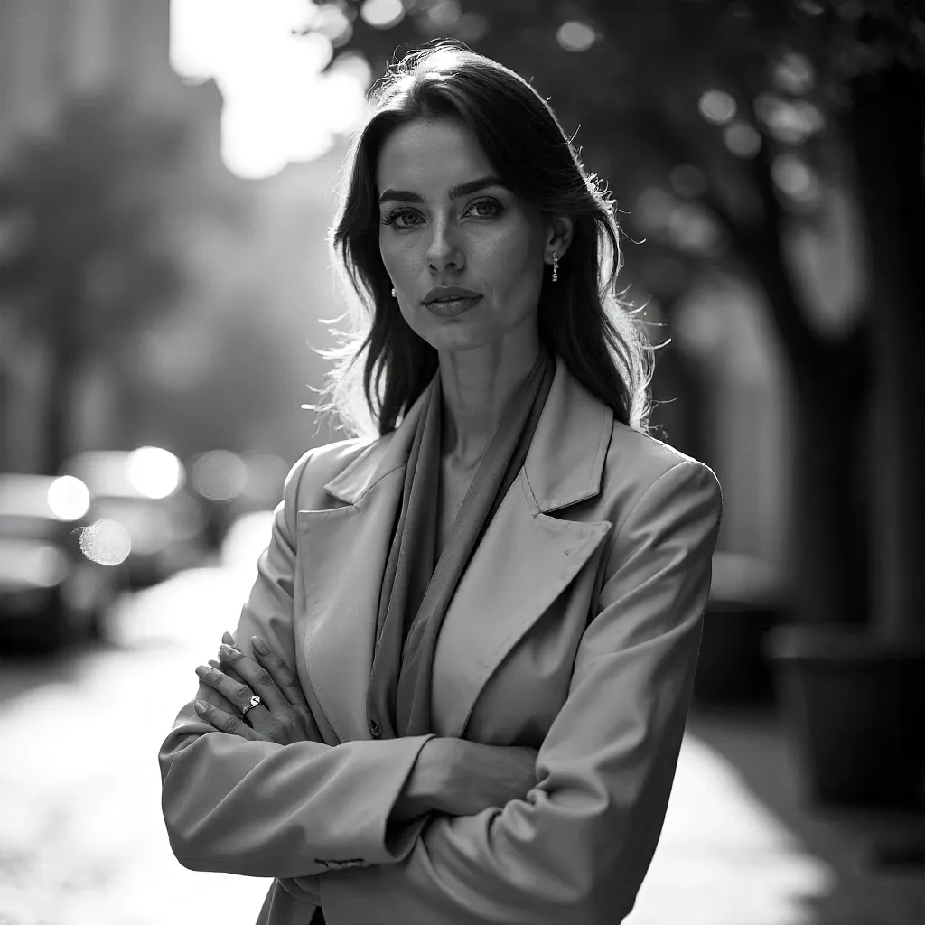 Elegant Monochrome Portrait of a Confident Woman Outdoors