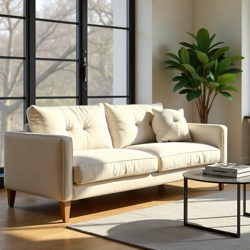 Cream Velvet Modern Sofa with Round Cushion
