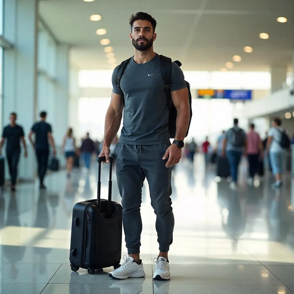 Photoreal Athletic Latino Man in Airport Terminal