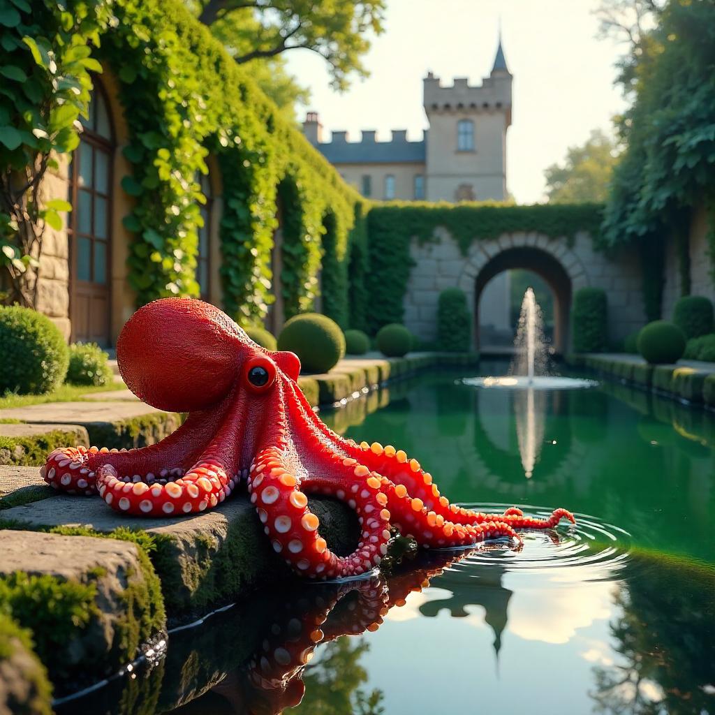Photoreal Octopus in a Castle Garden