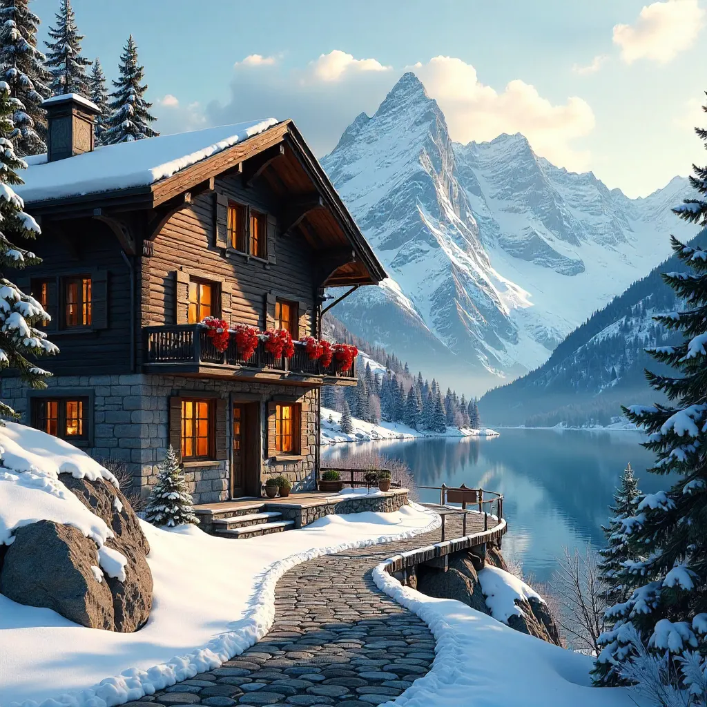 Rustic Swiss Chalet Hotel in Alpine Dawn