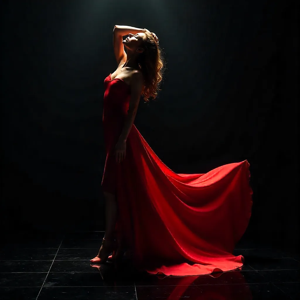 Dramatic Red Dress on a Dark Reflective Floor