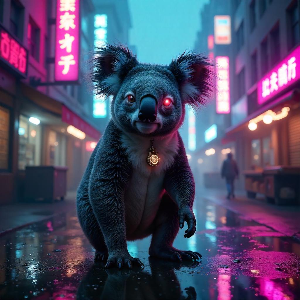 Neon Koala: 3D Render in a Cyberpunk City