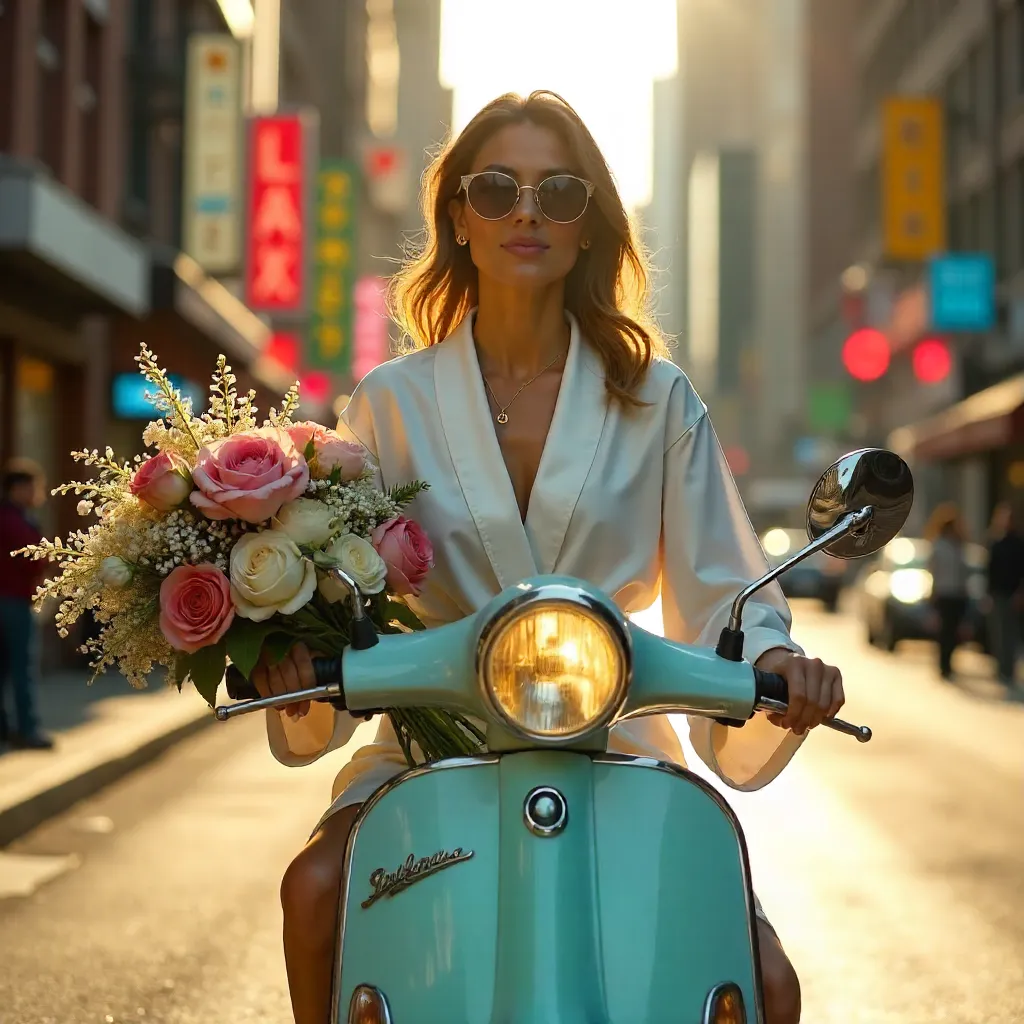 Elegance on an Urban Scooter: Woman in White Robe with Bouquet