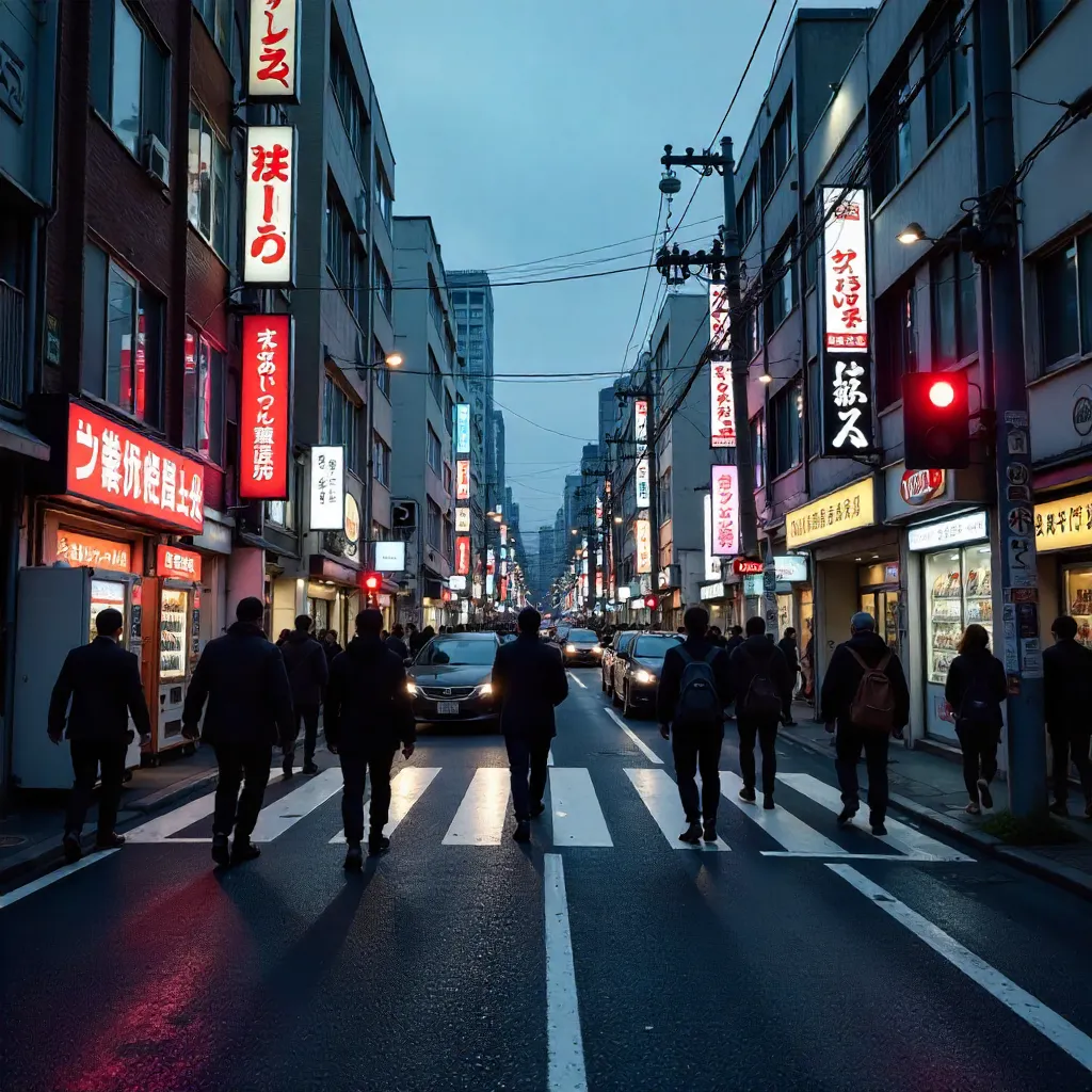 Neon Crosswalk in Tokyo: Busy Urban Street at Dusk
