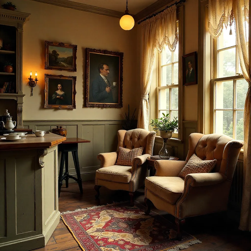 Cozy Vintage Interior with Framed Paintings and Coffee