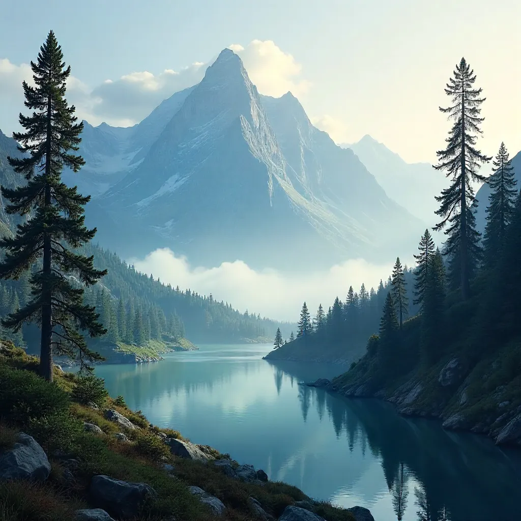 Misty Mountain Landscape Framed by Trees
