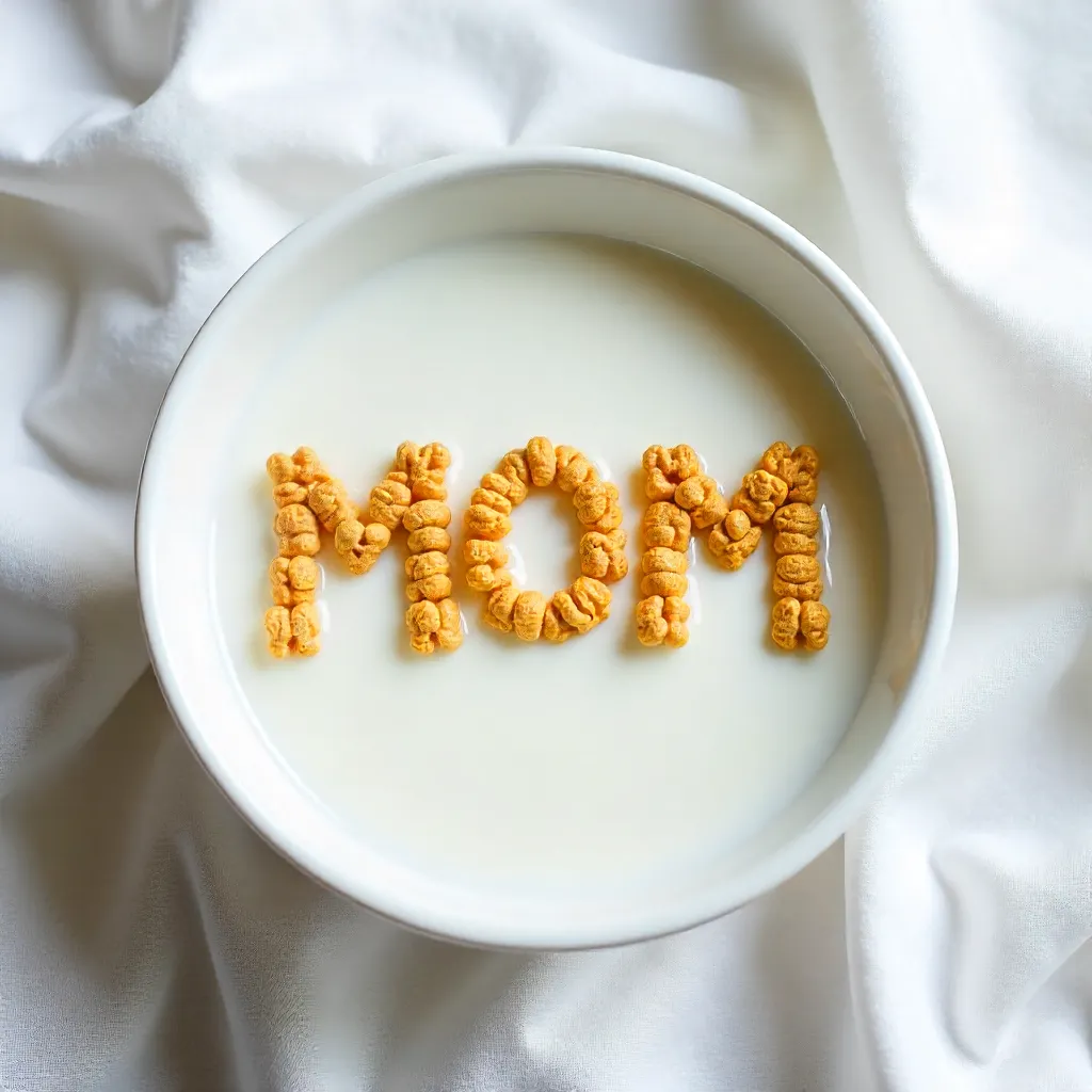 MOM Spelled in Cereal on White Fabric