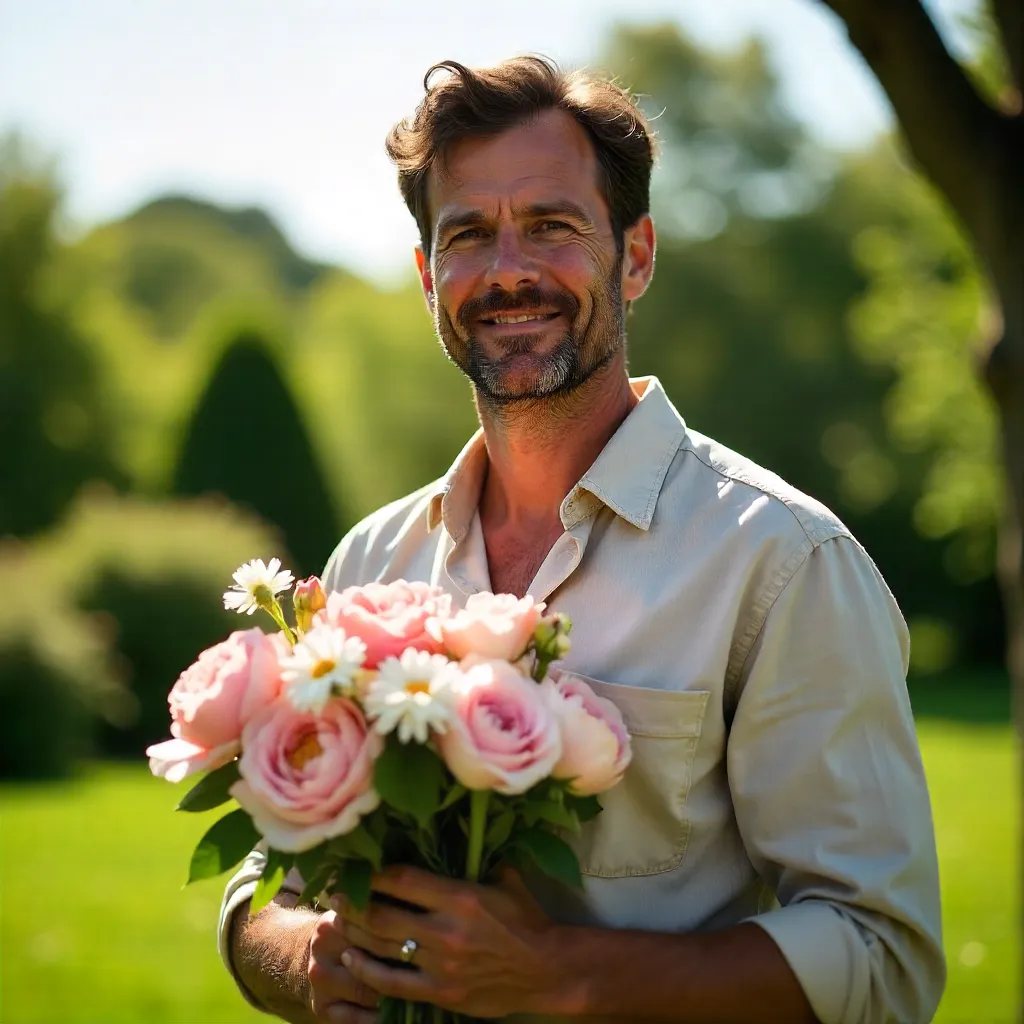 Calm Outdoor Portrait: Man with Flowers under a Blue Sky