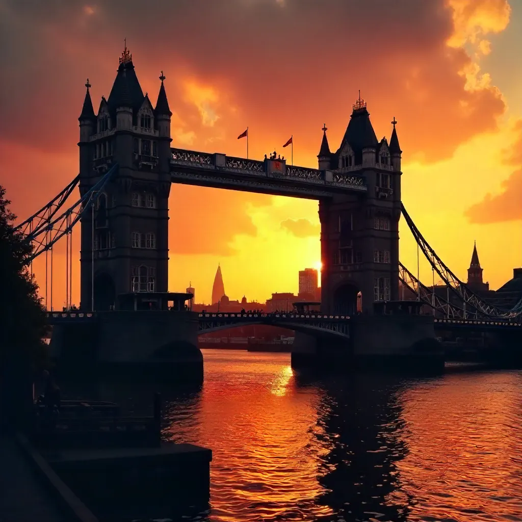 Sunset Silhouettes Crossing Tower Bridge, London Skyline