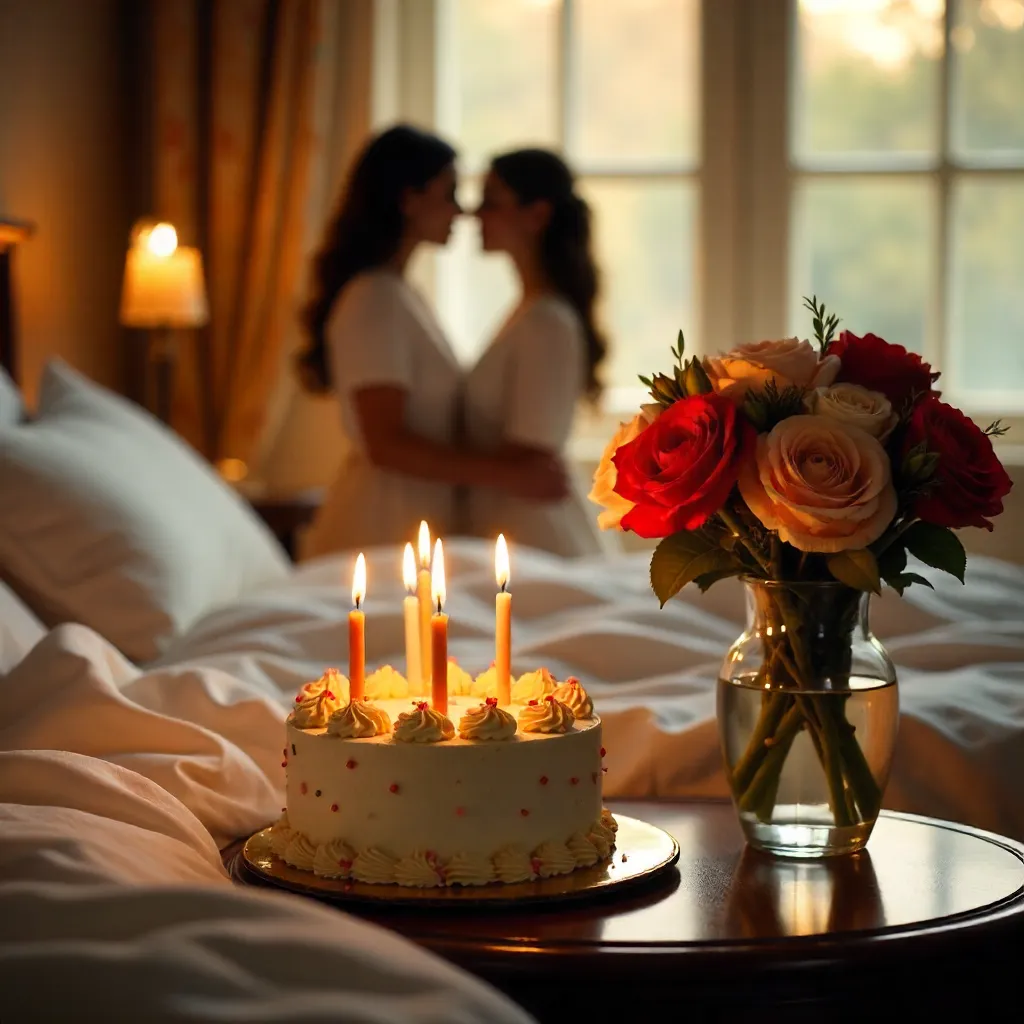 Romantic Birthday Scene on the Bedside Table