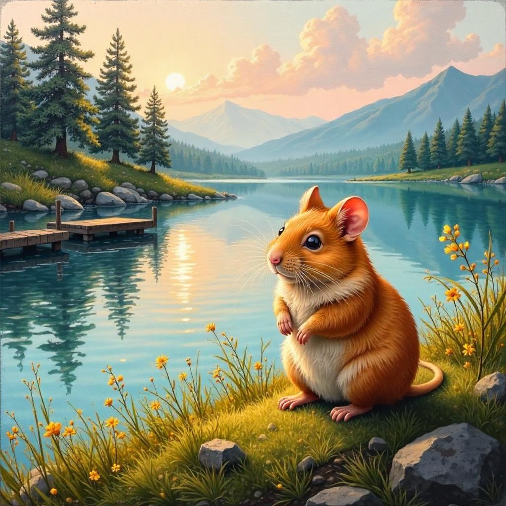 Hamster by the Lake in an Oil Painting
