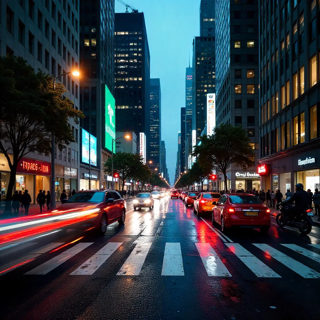 Streaking Lights Over a Skyscraper City Intersection