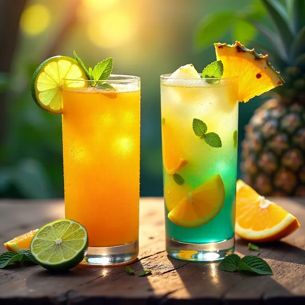 Two Citrus & Tropical Drink Glasses on Textured Table