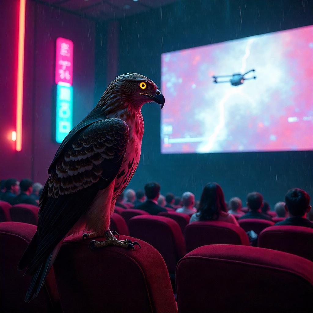 Neon Cyberpunk Hawk in a Movie Theater