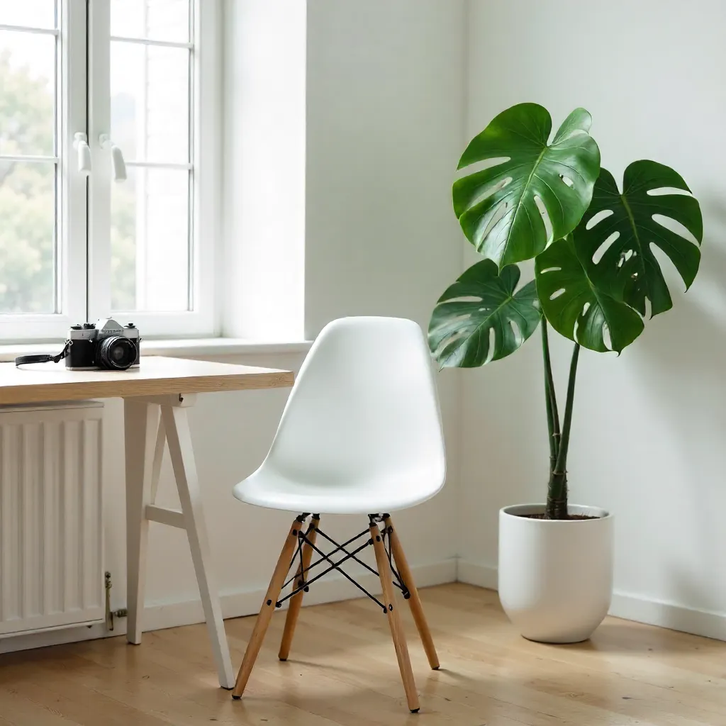Minimalist Studio: White Chair, Vintage Camera, Monstera