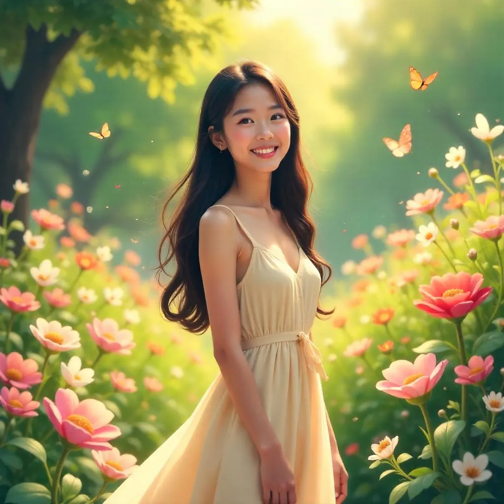 Cheerful Asian Woman in a Sunlit Garden - Digital Art