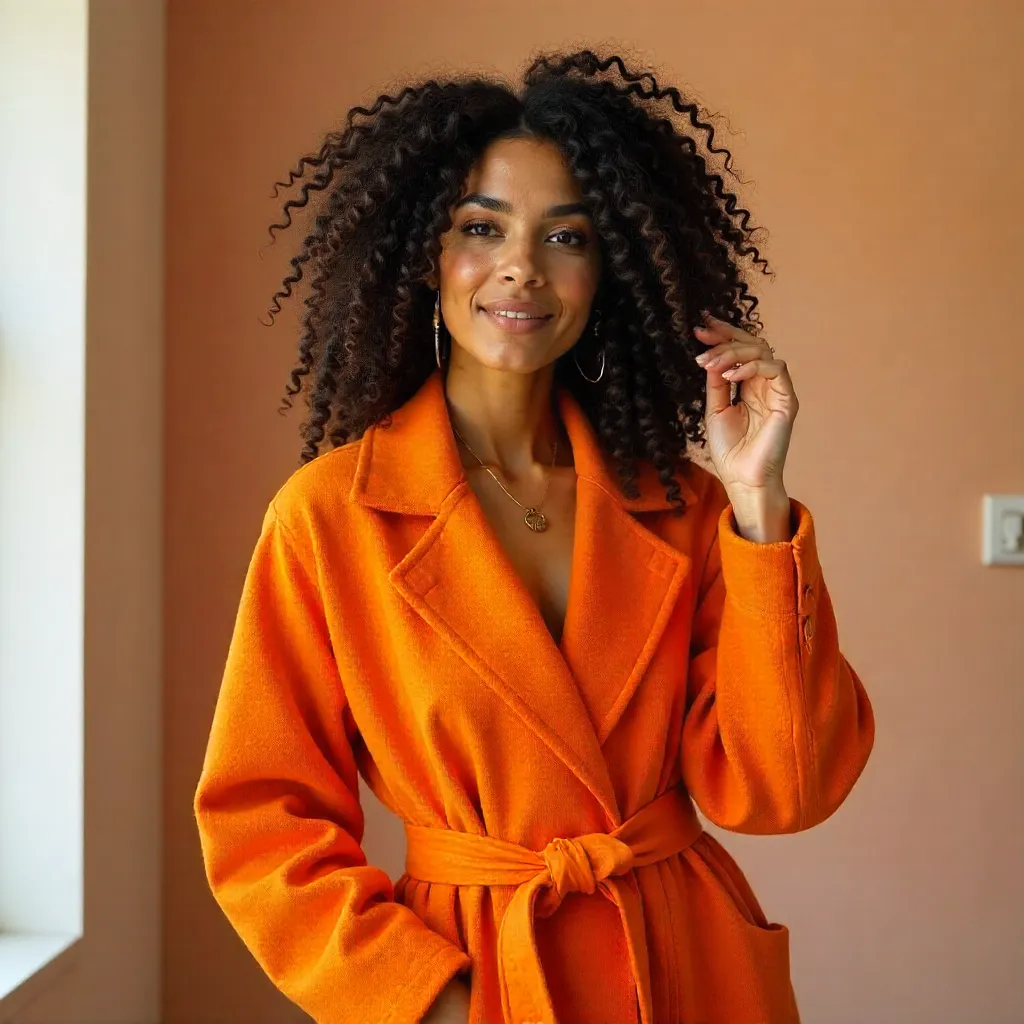 Curly-Haired Fashionista in Bright Orange Coat, Soft Light