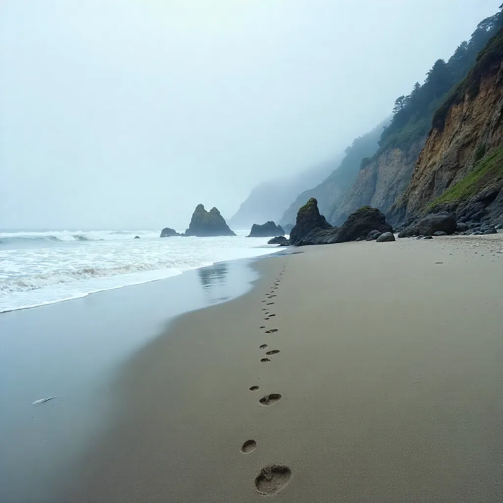 Footprints on a Serene Coastal Shore