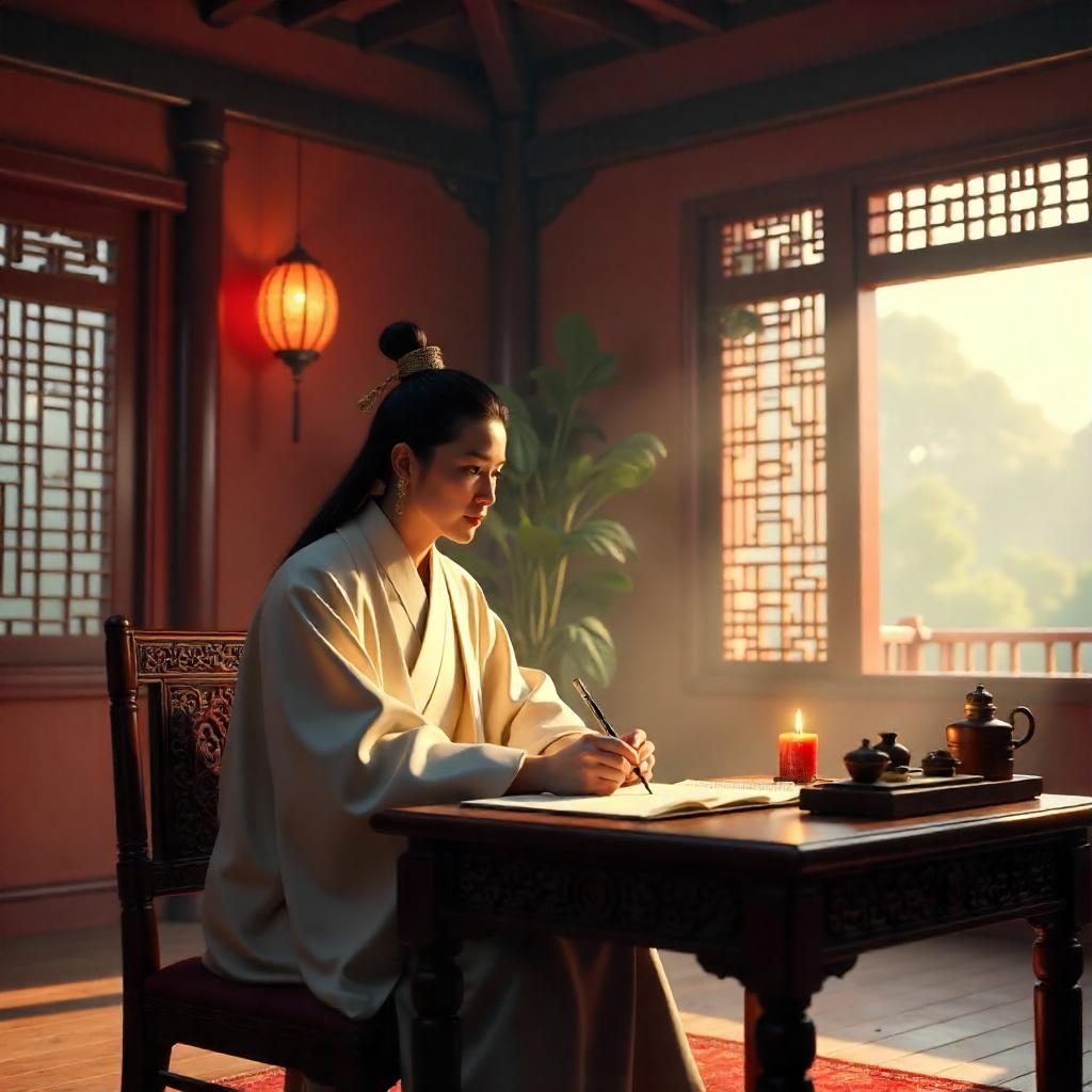 3D Rendered Scholar in a Pagoda Interior