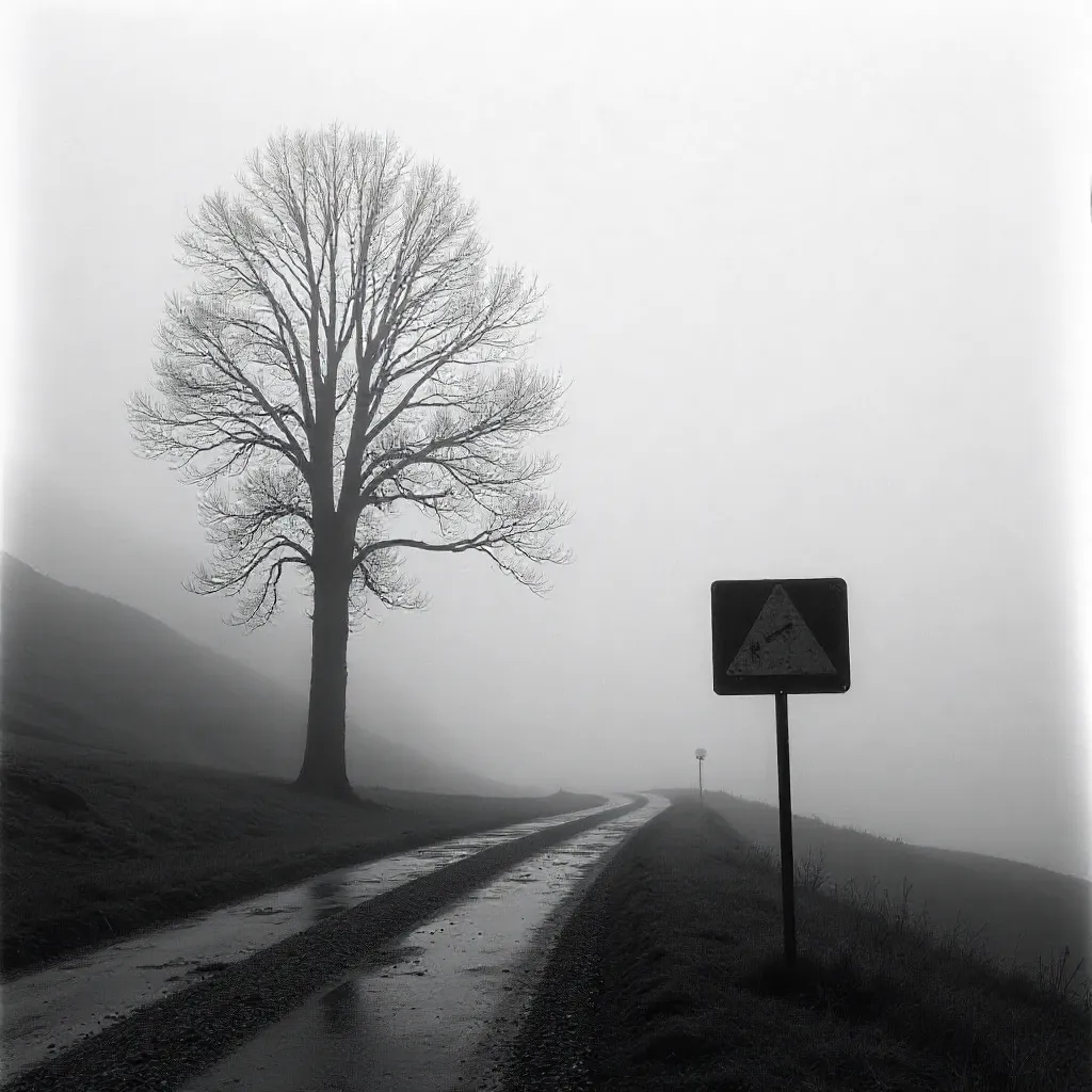 Leafless Tree in Fog with Road Sign — Black & White