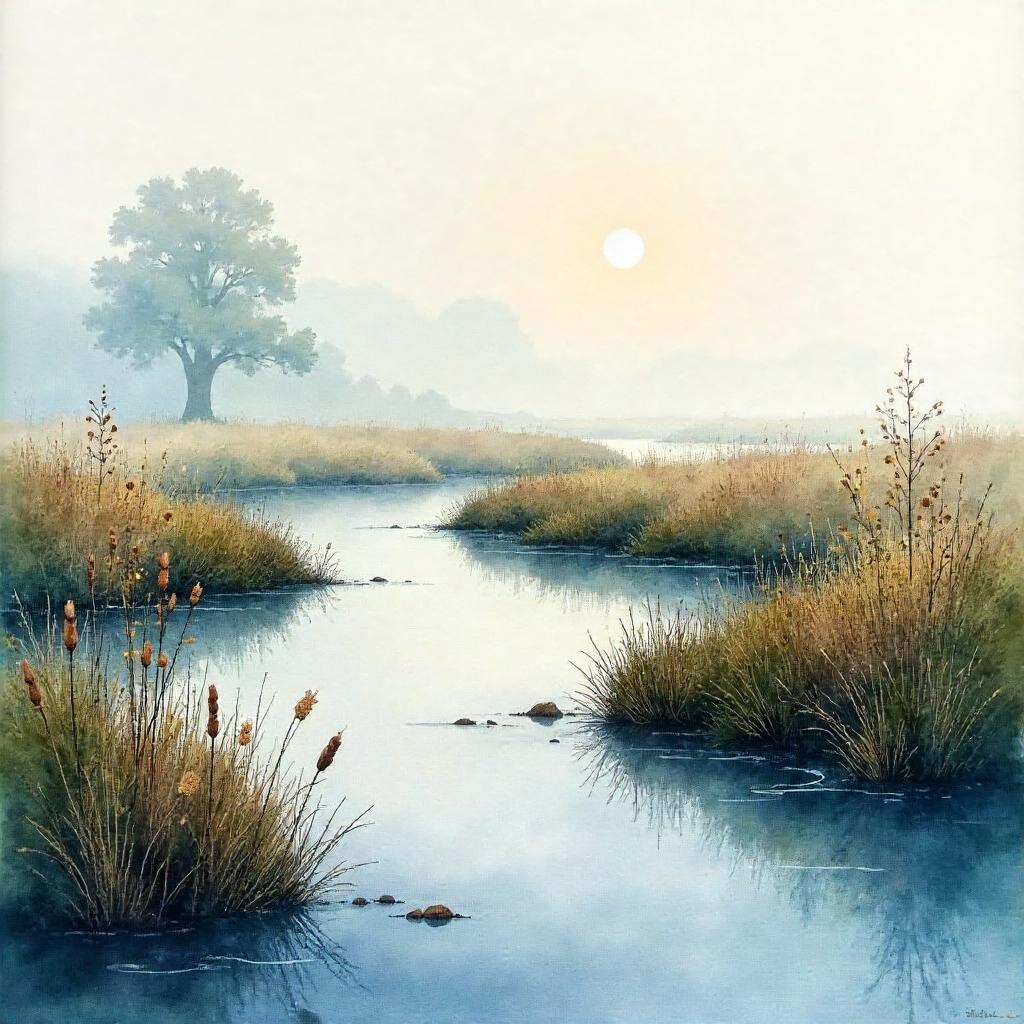 Mist-Shrouded Moor Marsh in Watercolor