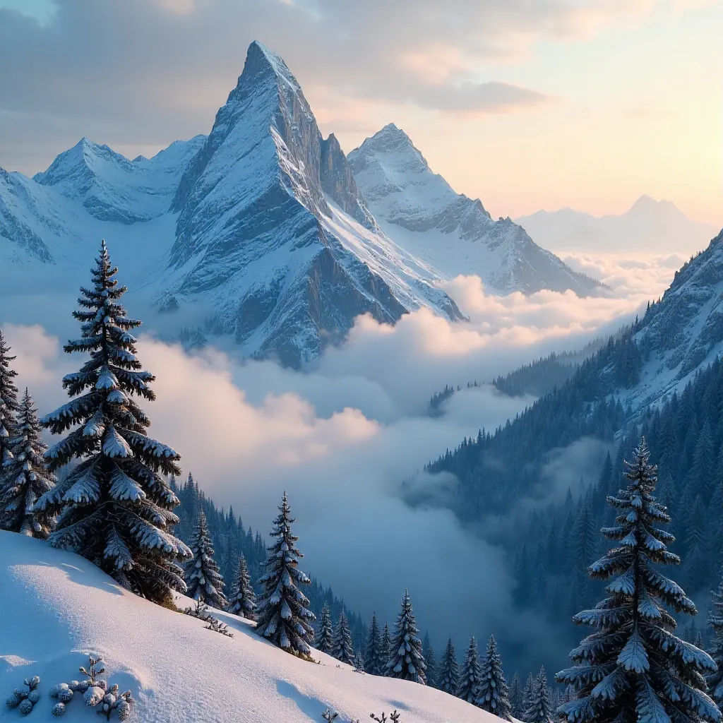 Winter Dawn Over Fog-Wrapped Peaks