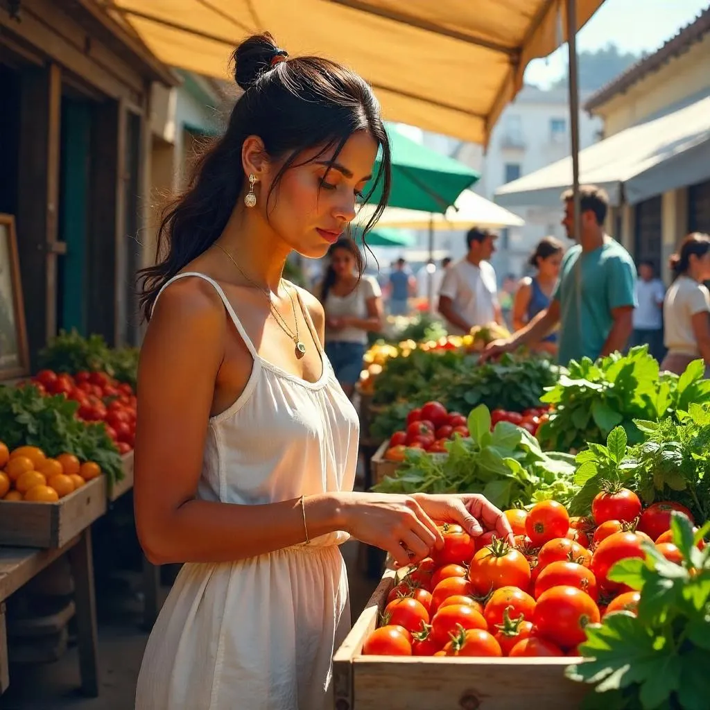 Oil Portrait of a Young Latina at a Vibrant Farmers Market